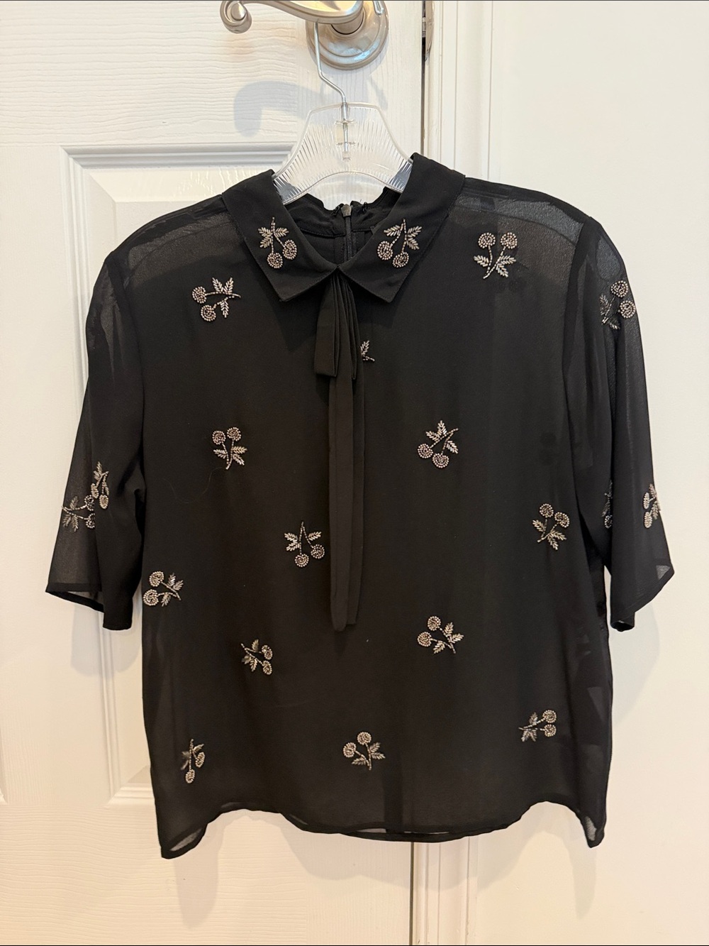 The Kooples Black Sheer Tie-Neck Embroidered Cherry Blouse